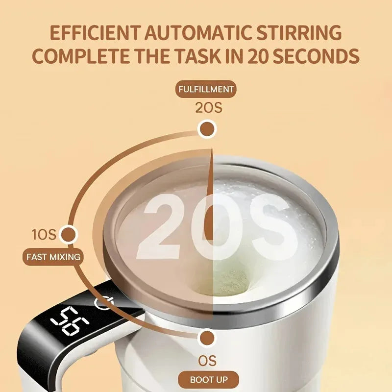 Smart automatic stirring mug with digital display, efficient 20-second mix, home gadget