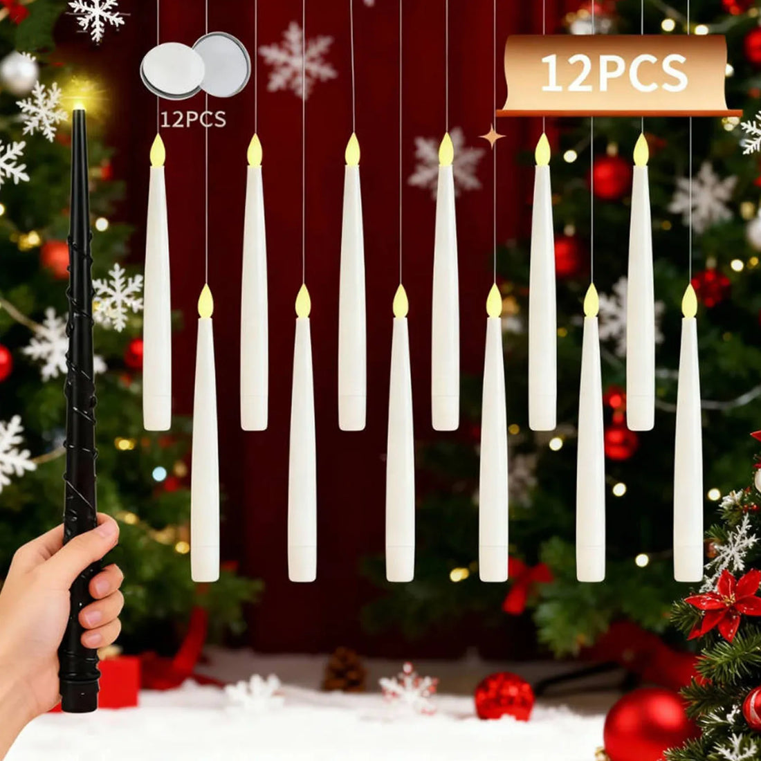 Set of 12 remote control LED candles hanging as Christmas decorations near festive tree