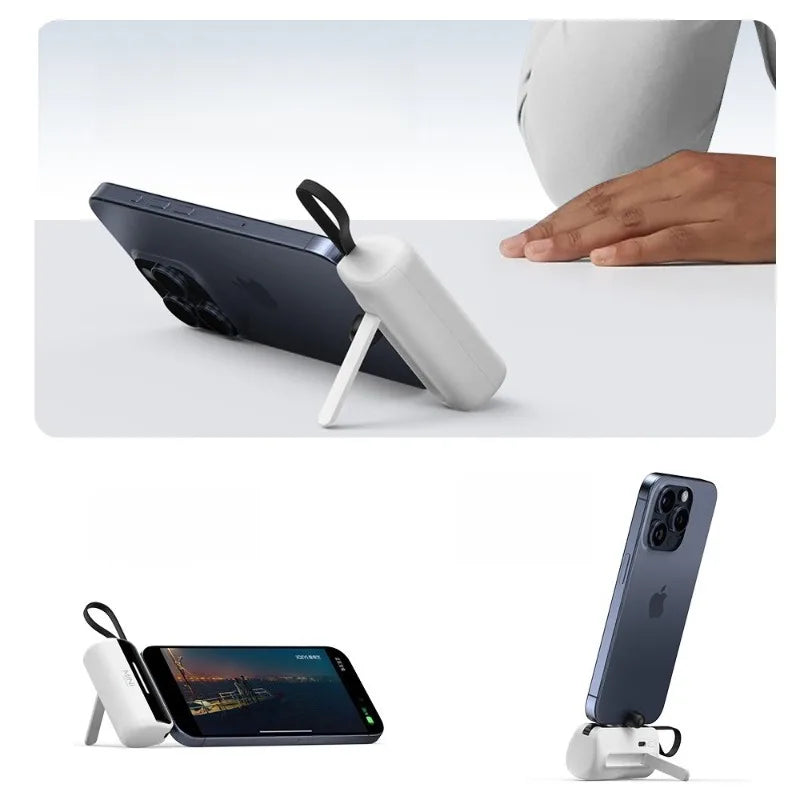 Magnetic phone power bank with kickstand holding iPhone, smart home gadget for convenience