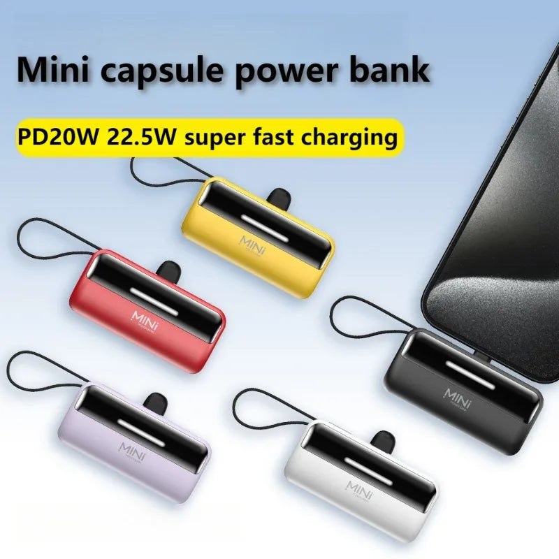 5000mAh Fast Charging Power Bank - Portable Charger with Built-In USB-C Cable for All Phones